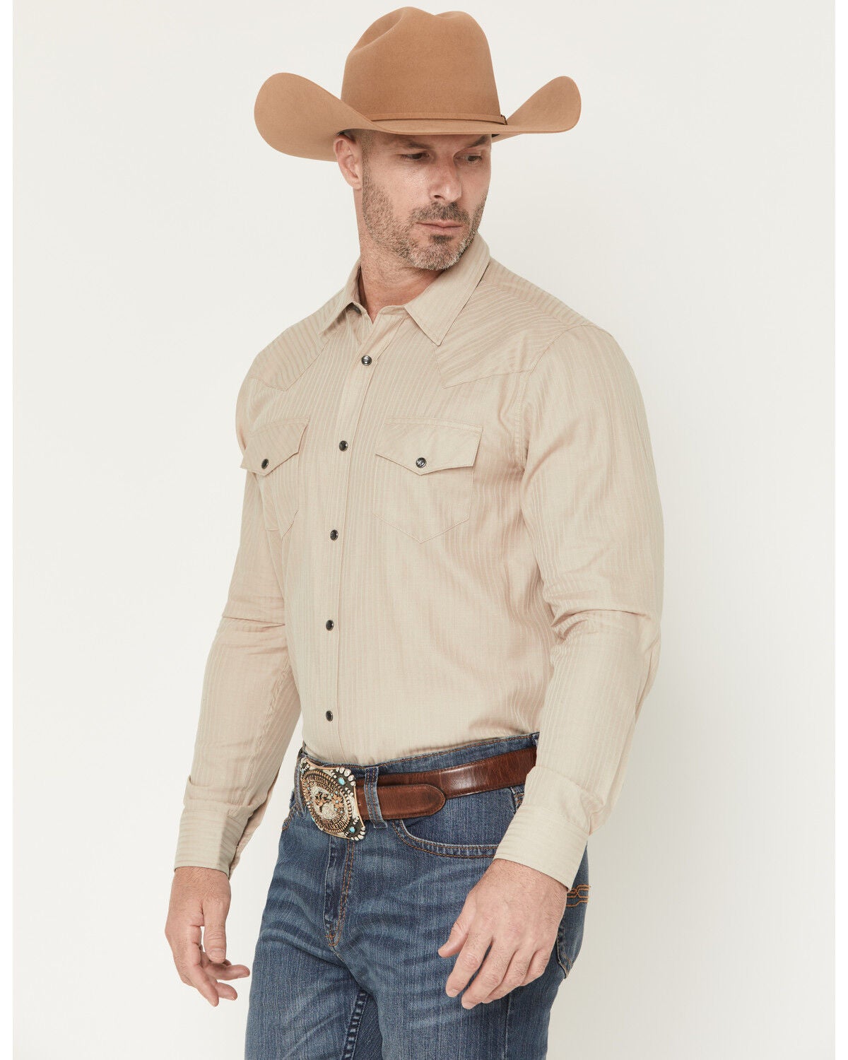 Image #2 - Gibson Trading Co Men's Southside Tonal Satin Striped Long Sleeve Snap Stretch Western Shirt, Taupe, hi-res