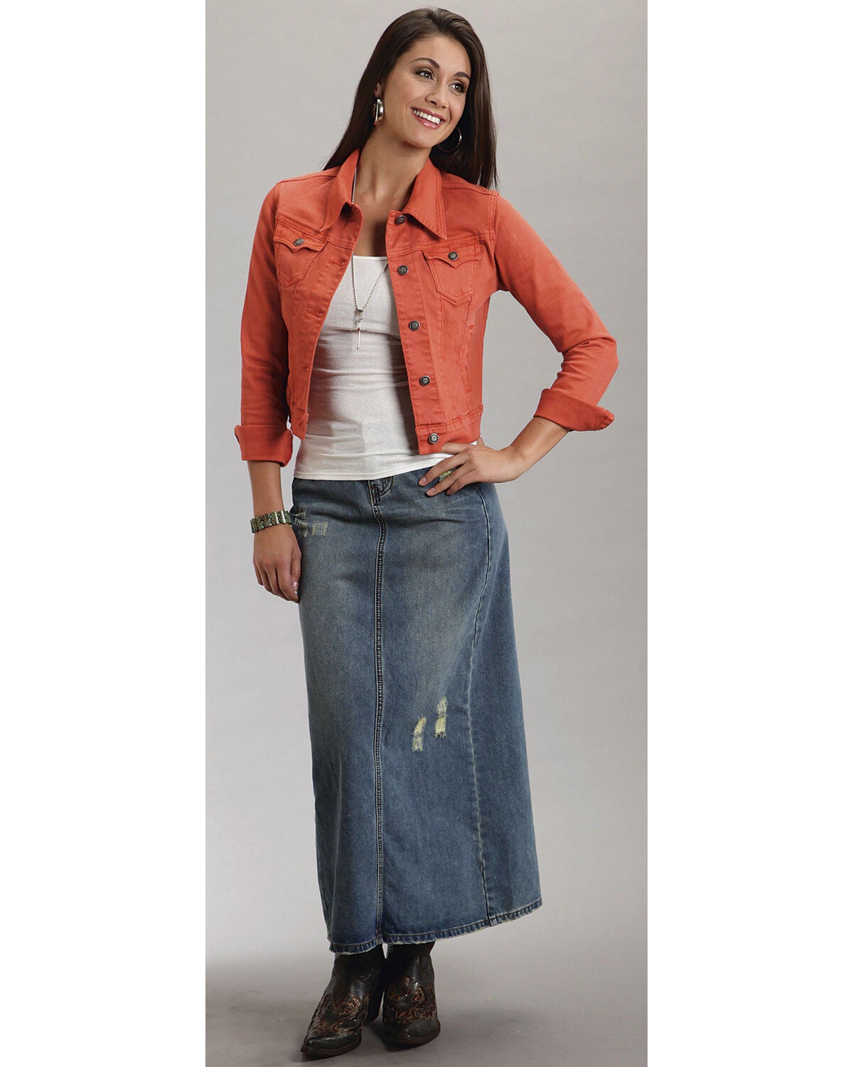 Stetson Distressed Denim Long Skirt 