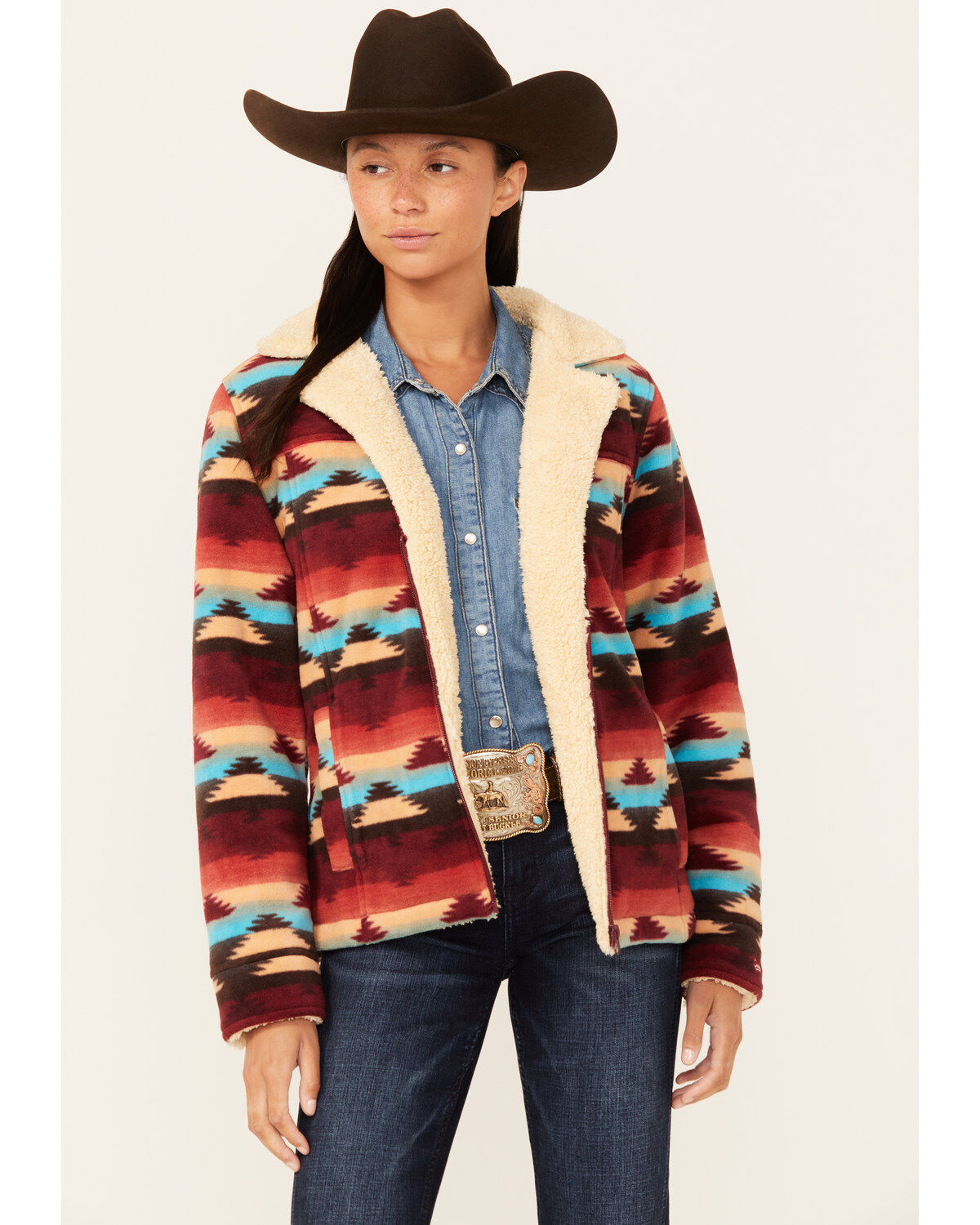 Image #1 - Outback Trading Co Women's Boot Barn Exclusive Southwestern Print Fleece Dawn Jacket, Rust Copper, hi-res