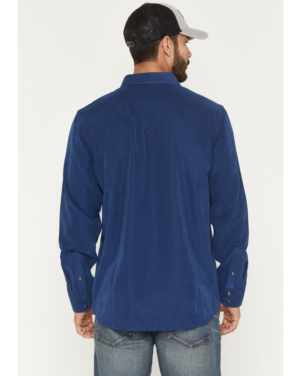 Image #4 - Moonshine Spirit&reg; Men's Side Stage Solid Faux Suede Long Sleeve Pearl Snap Western Shirt, Blue, hi-res