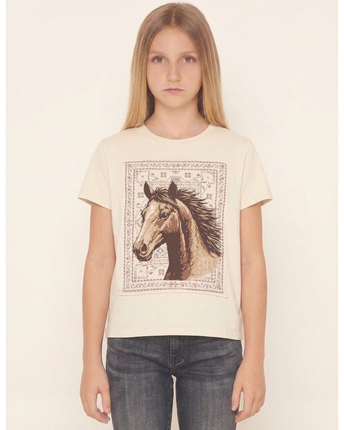 Image #1 - Shyanne Girls' Polk Patched Horse Short Sleeve Graphic Tee, Natural, hi-res