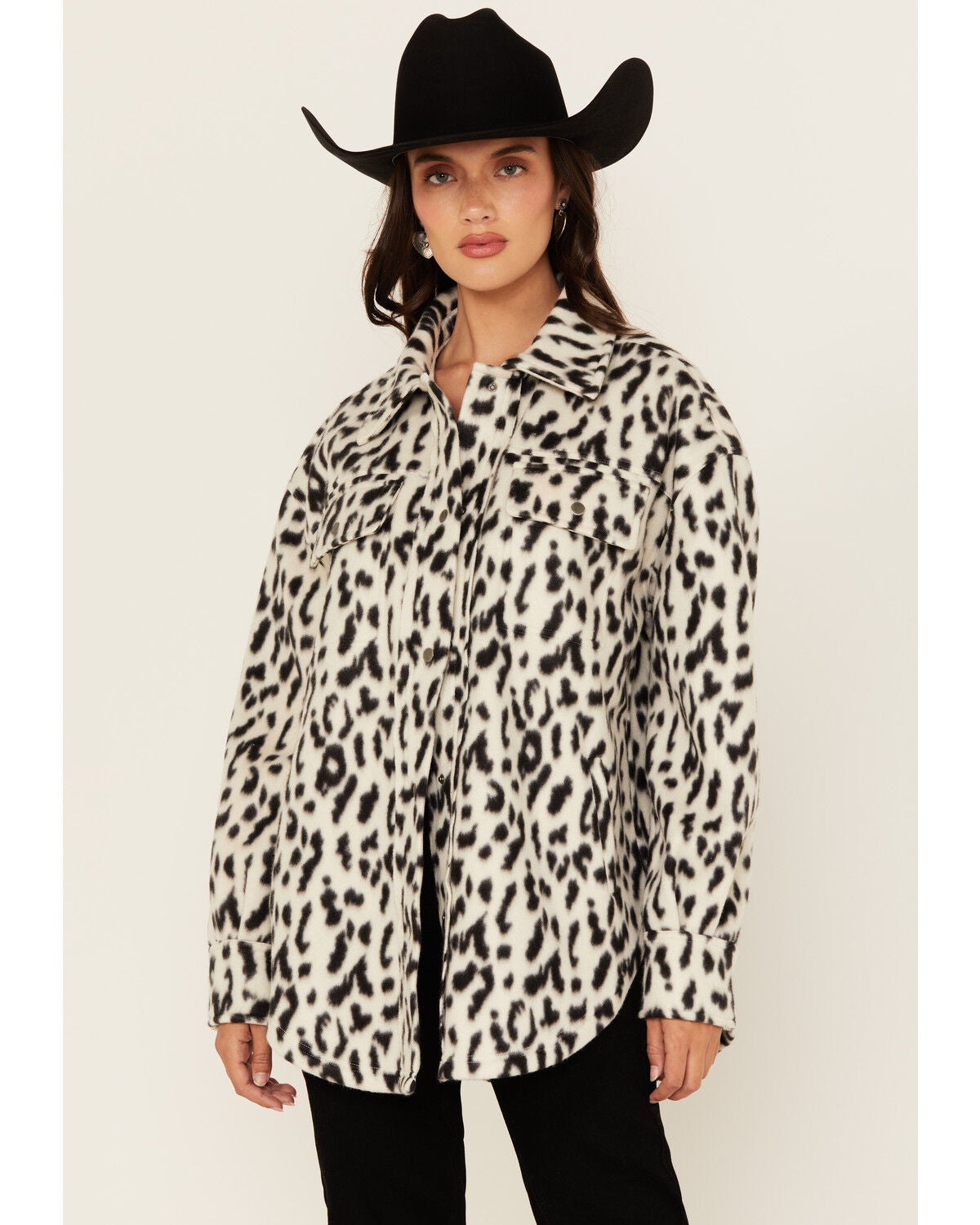 Fornia Women's Leopard Print Polar Fleece Shacket, White, hi-res