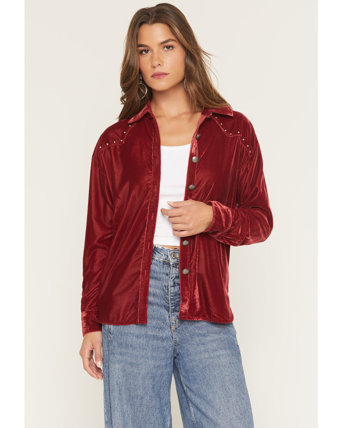 Image #1 - Rock & Roll Denim Women's Boot Barn Exclusive Oversized Velvet Long Sleeve Concho Button-Down Shirt, Burgundy, hi-res