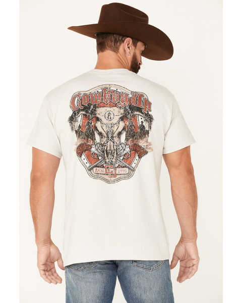 Cowboy Up Men's Tan Longhorn Barb Wire Skull Graphic Short Sleeve T-Shirt , Tan, hi-res