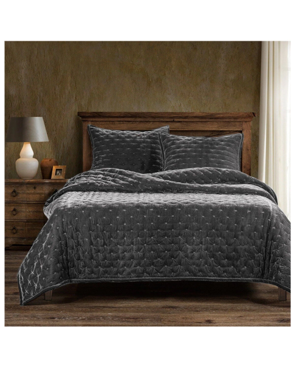 HiEnd Accents Slate Stella Faux Silk Velvet 3-Piece Queen Quilt Set, Slate, hi-res