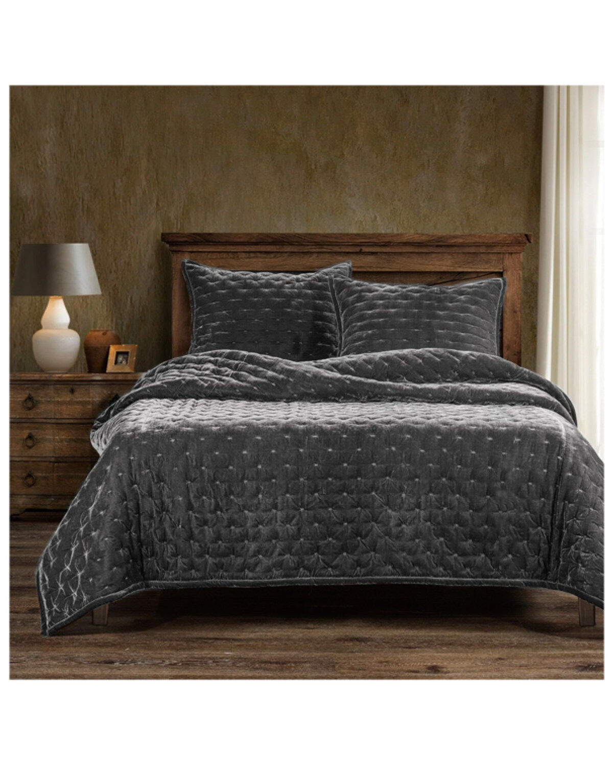 Image #1 - HiEnd Accents Slate Stella Faux Silk Velvet 3-Piece Queen Quilt Set, Slate, hi-res