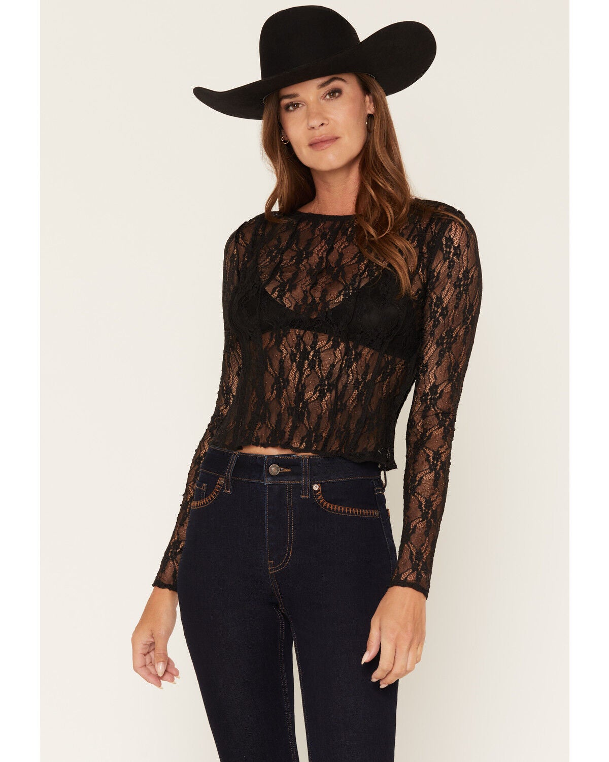 Rock & Roll Denim Women's Long Sleeve Lace Top, Black, hi-res
