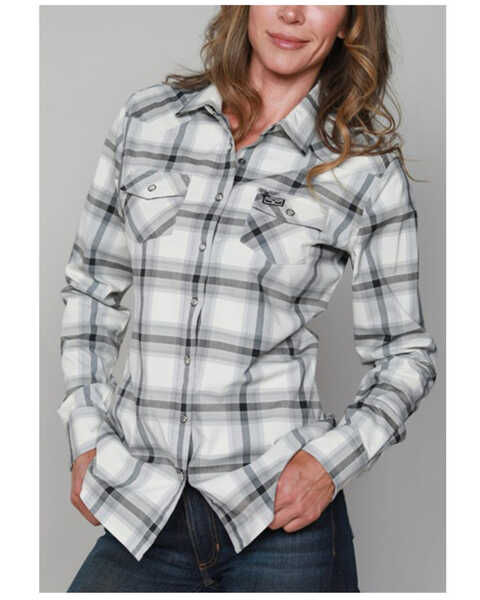Kimes Ranch Women's Matadora Plaid Print Long Sleeve Western Snap Shirt, Grey, hi-res