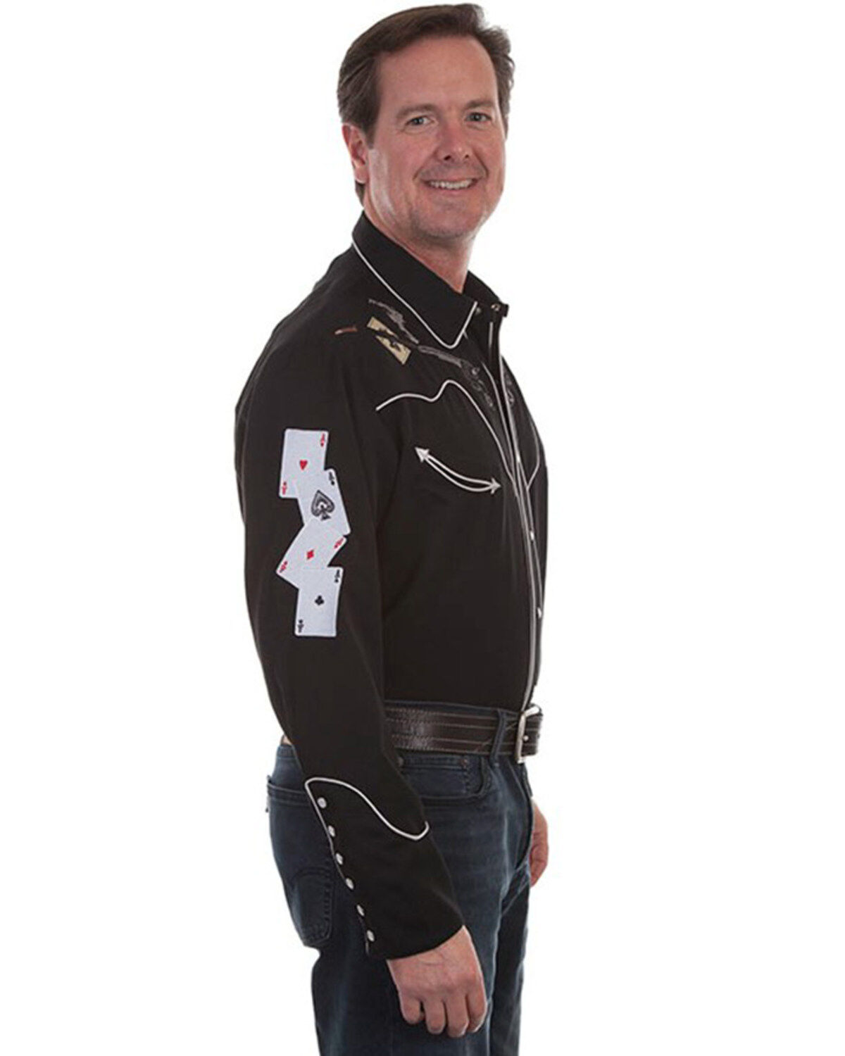 Image #2 - Scully Men's Skulls, Guns N Cards Embroidered Yoke Long Sleeve Pearl Snap Western Shirt - Big, Black, hi-res