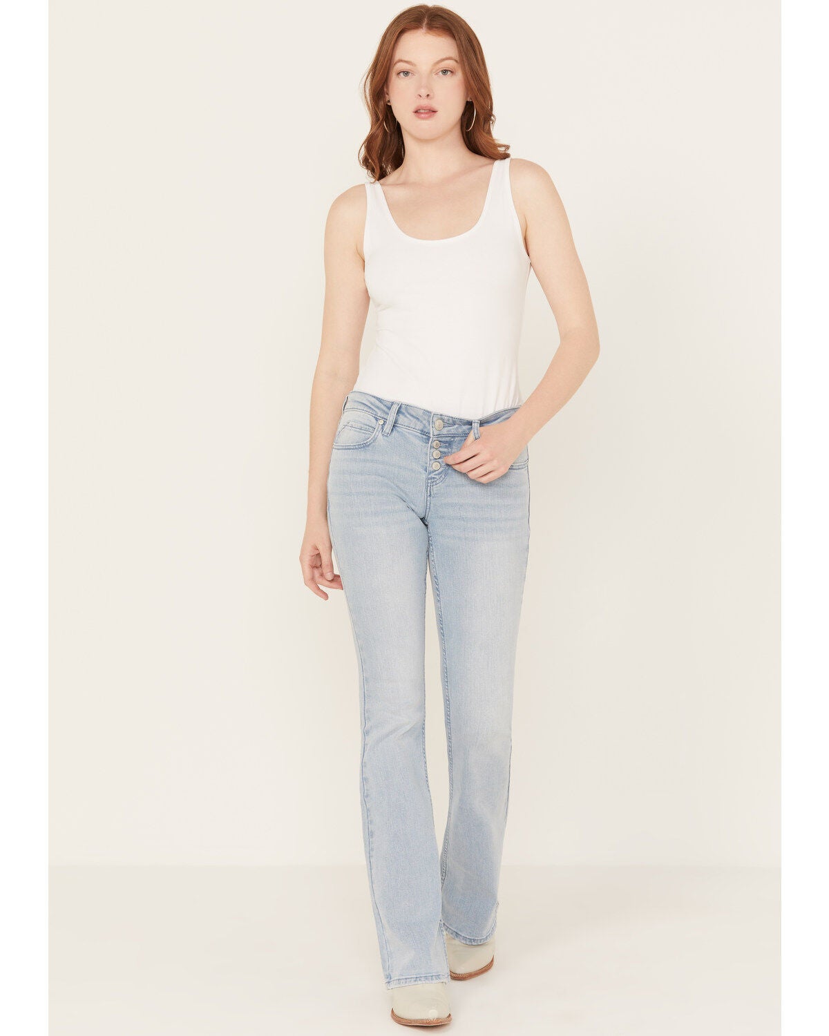 Shyanne Women's Senita Light Medium Wash Low Rise Bootcut Stretch Denim Jeans, Light Medium Wash, hi-res