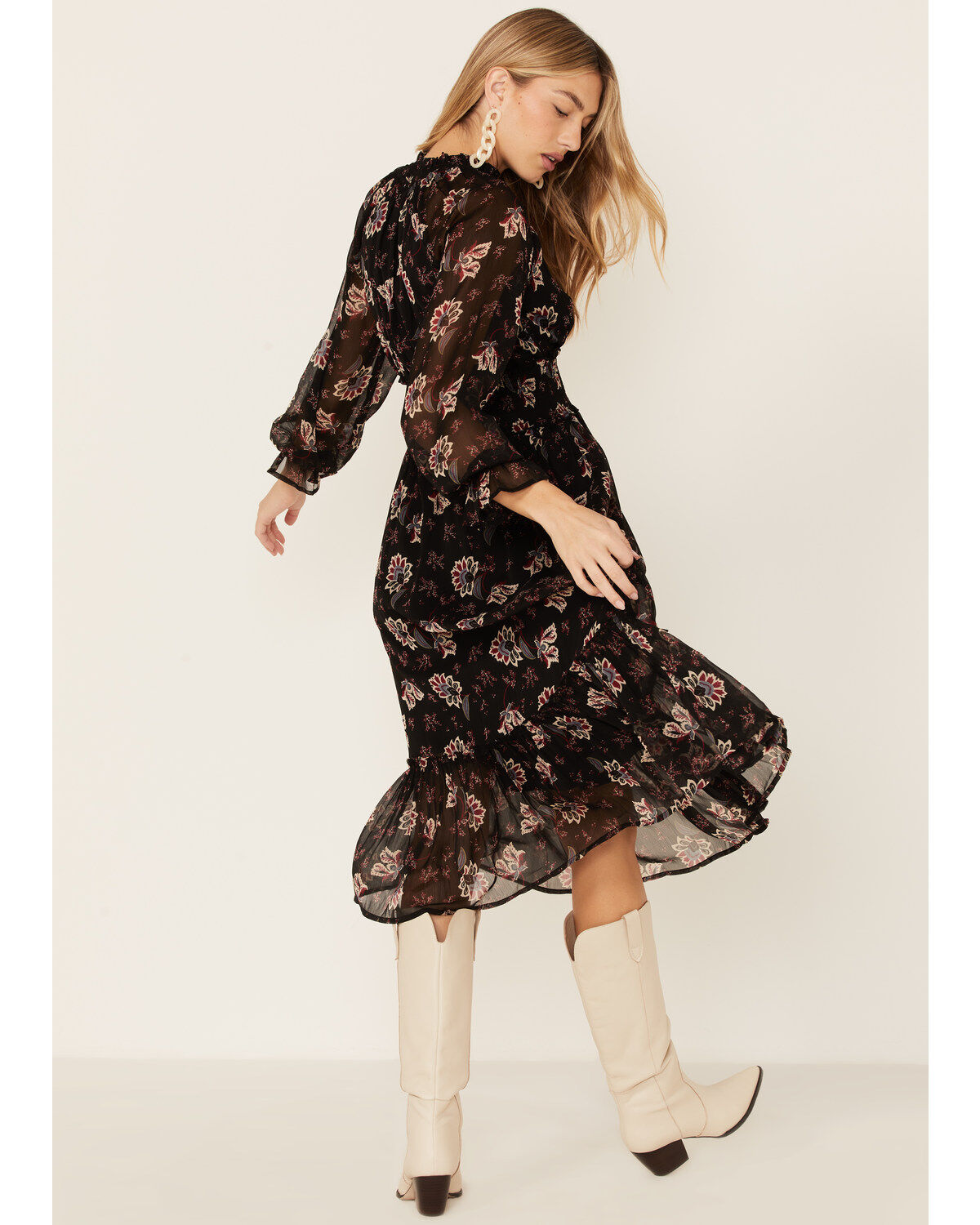 black floral long sleeve dress