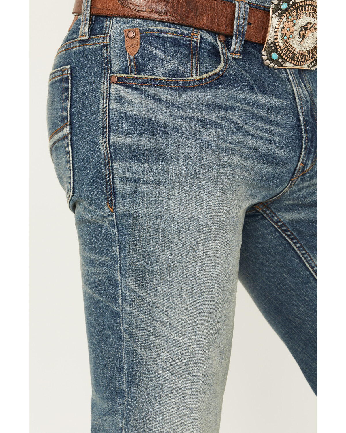 Image #2 - Moonshine Spirit Men's Twister Wash Decker Slim Straight Stretch Denim Jeans, Medium Wash, hi-res