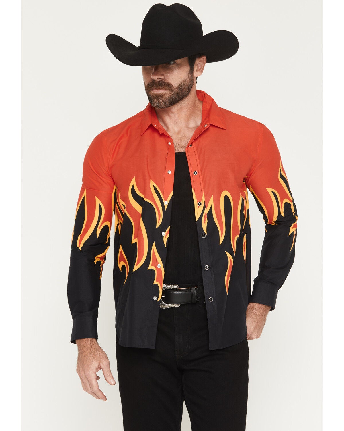 Image #1 - Panhandle Slim Men's Vintage Flame Print Long Sleeve Snap Western Shirt, Black, hi-res