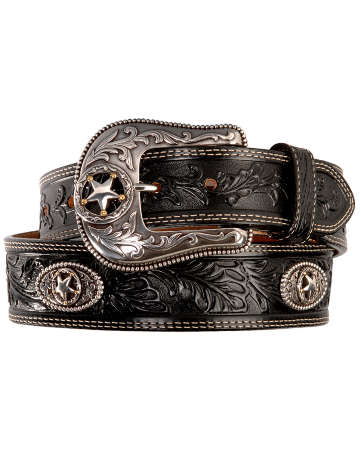 Image #1 - Justin Men's Black Silver Stars Embossed Belt, Black, hi-res