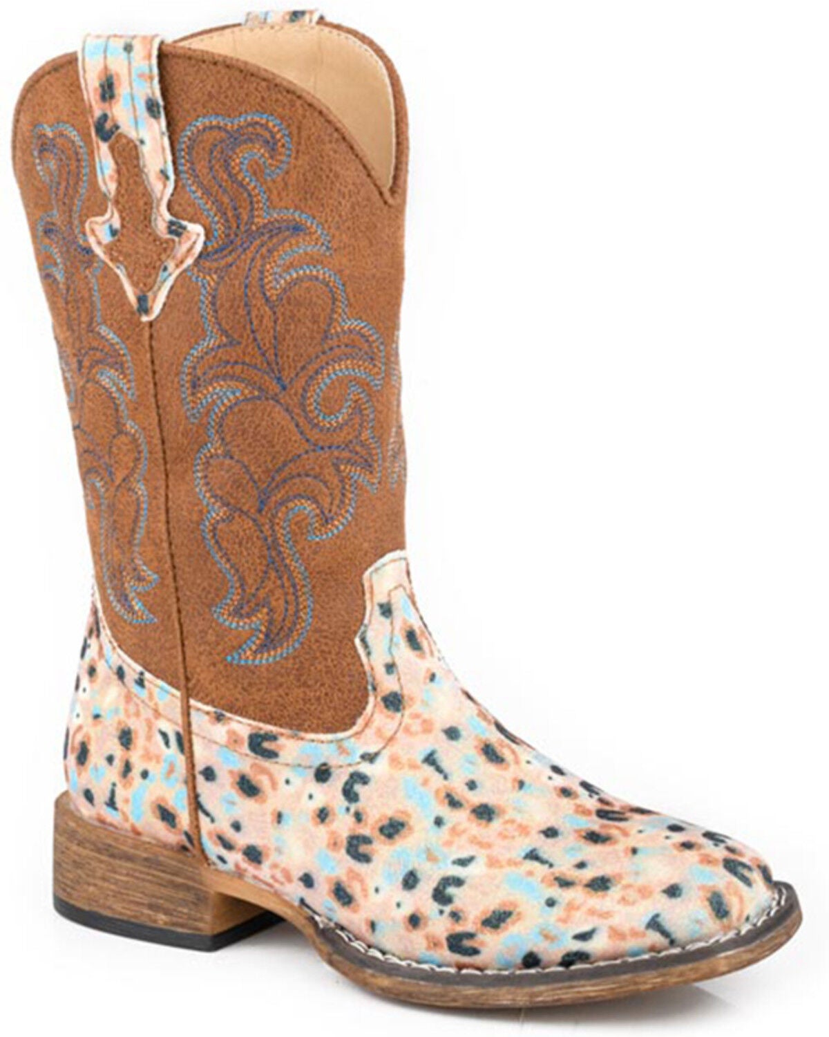 Roper Little Girls' Glitter Blossom Western Boots - Broad Square Toe, Brown, hi-res