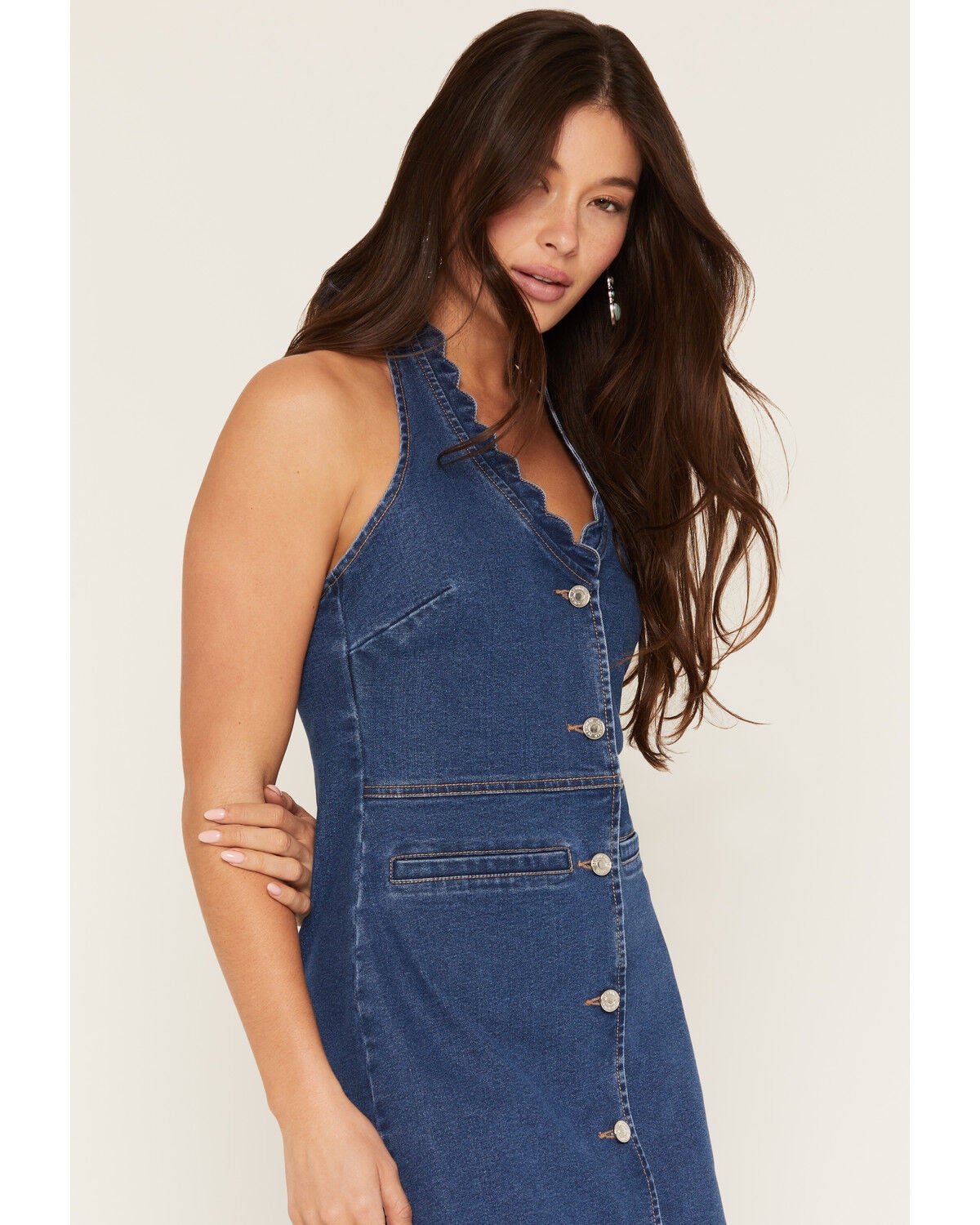 Image #2 - 26 International Women's Medium Wash Scalloped Halter Denim Mini Dress, Medium Wash, hi-res
