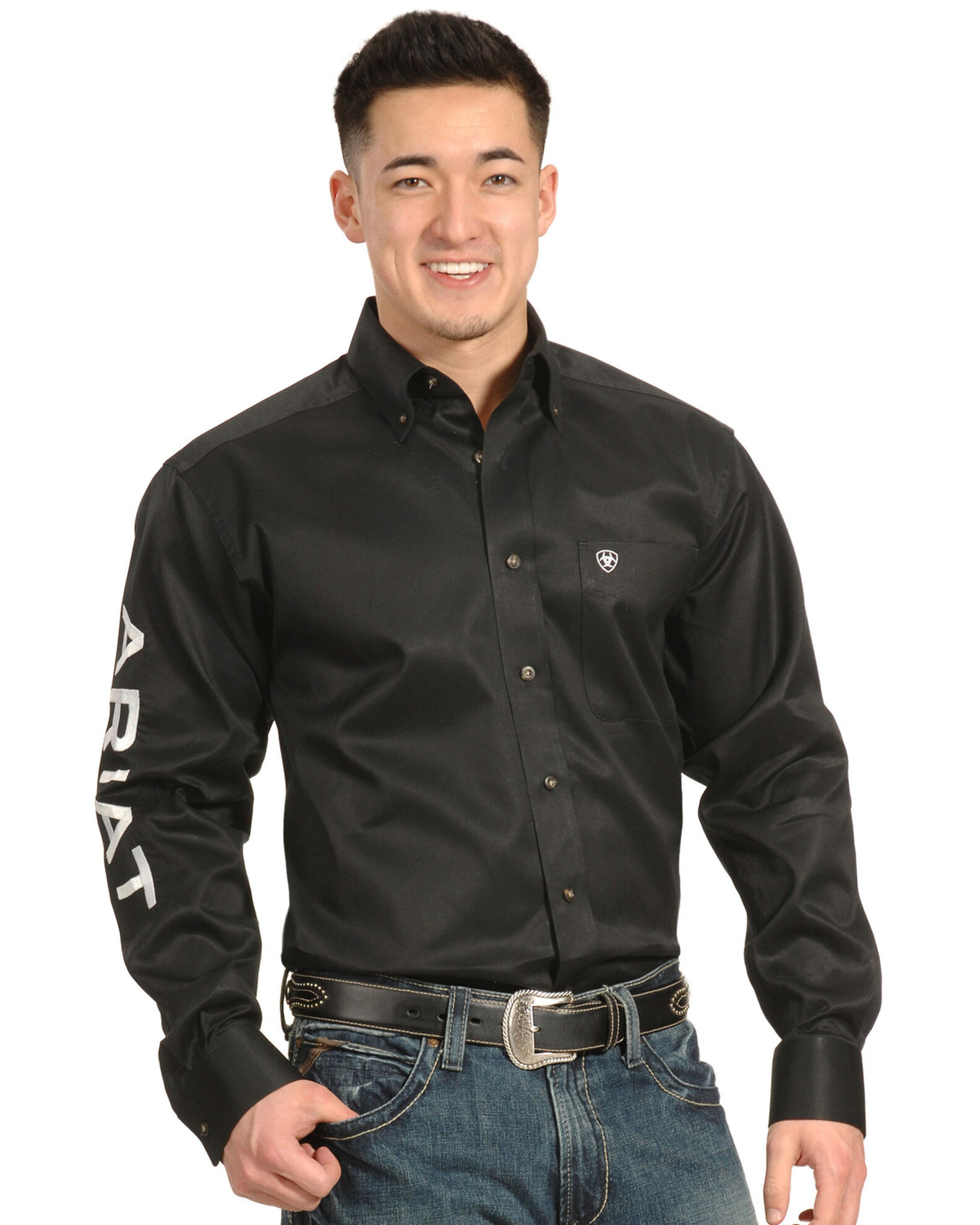 Men s Long Sleeve Team Logo Twill Classic Fit Shirt in Black White Cotton Twill Medium