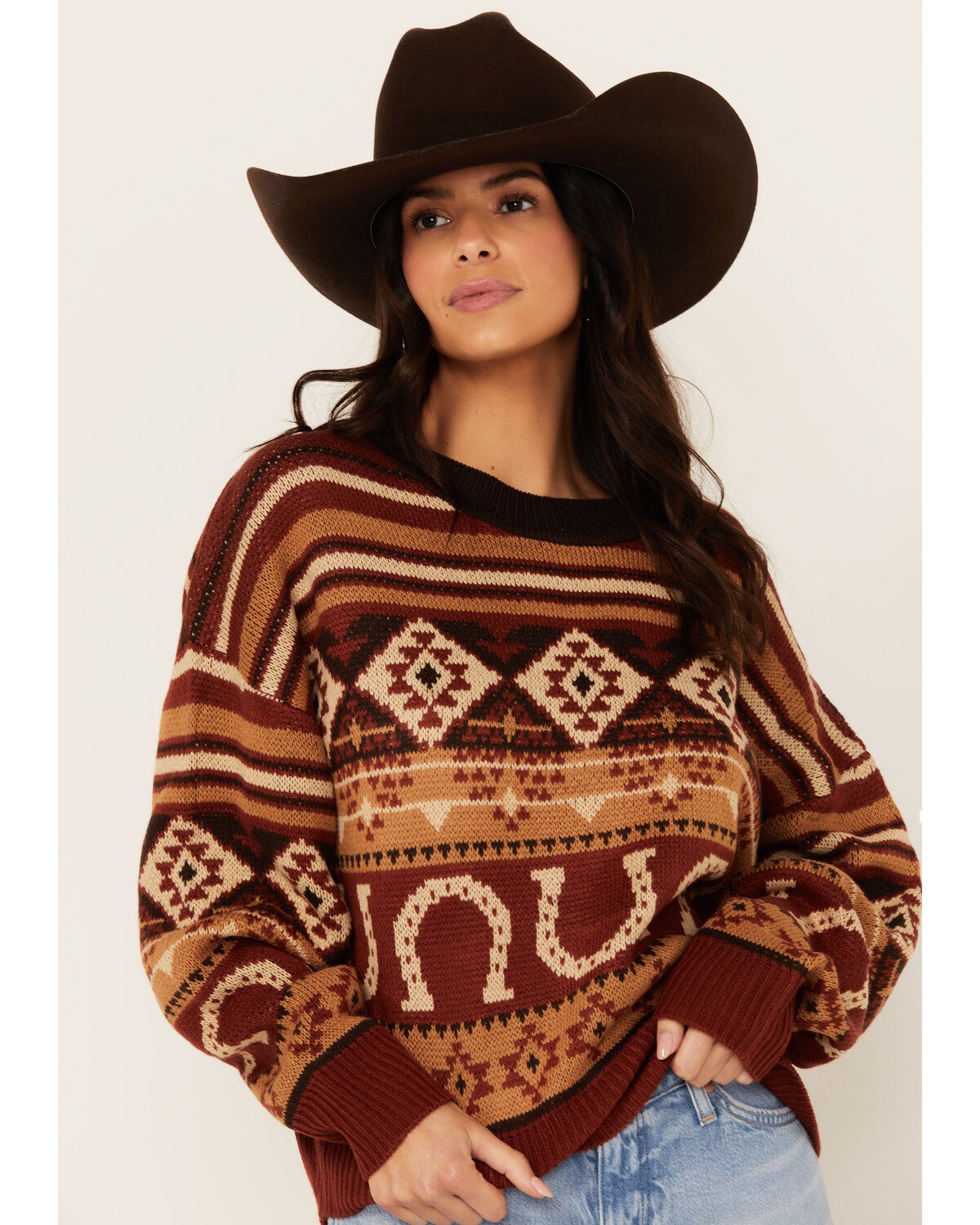 Image #1 - Wrangler Retro Women's Horseshoe Southwestern Print Sweater, Brown, hi-res