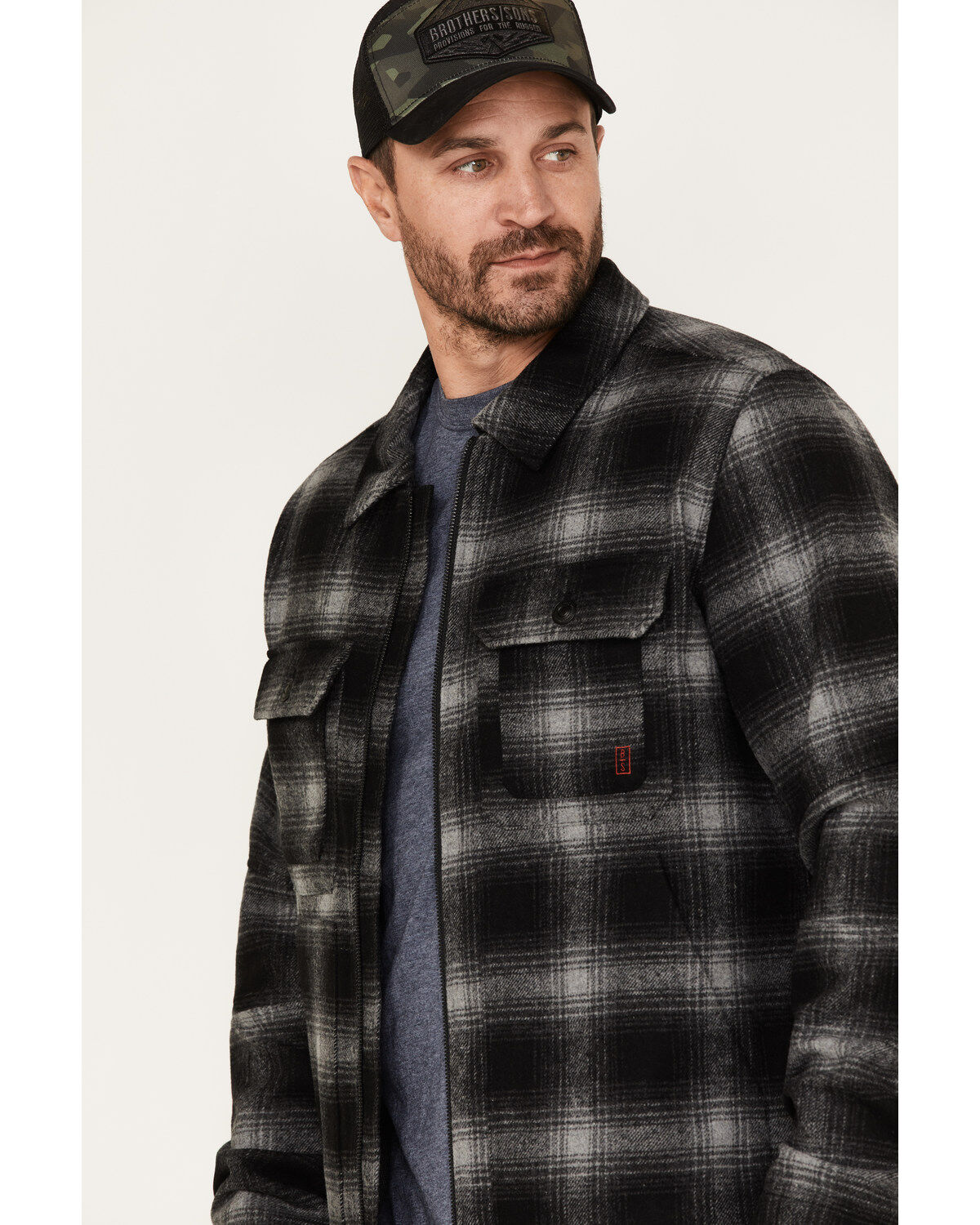 Image #2 - Brothers and Sons Men's Wool Full Zip Plaid Print Jacket, Black, hi-res