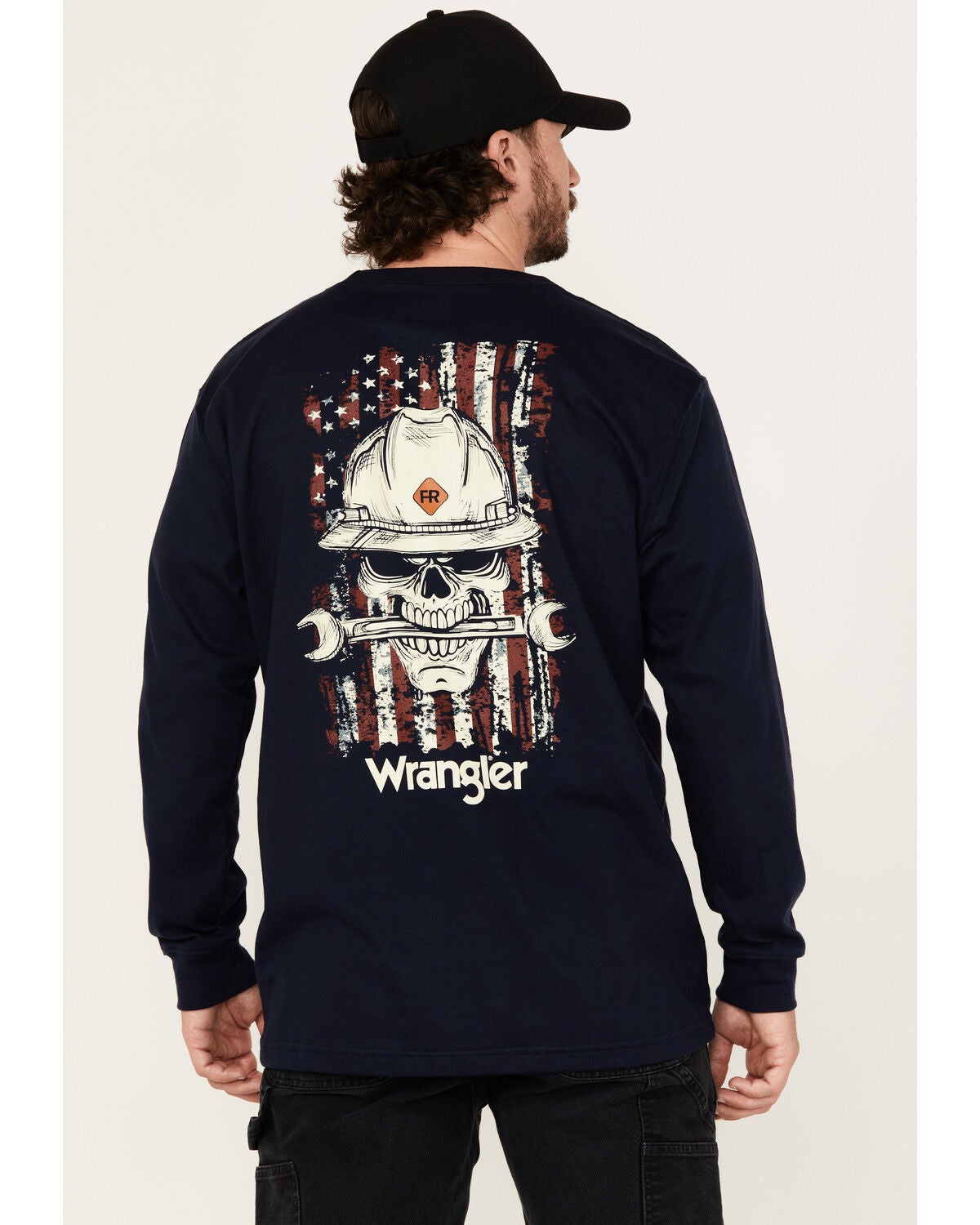 Wrangler Men's FR Skull Logo Long Sleeve Work Shirt, Navy, hi-res