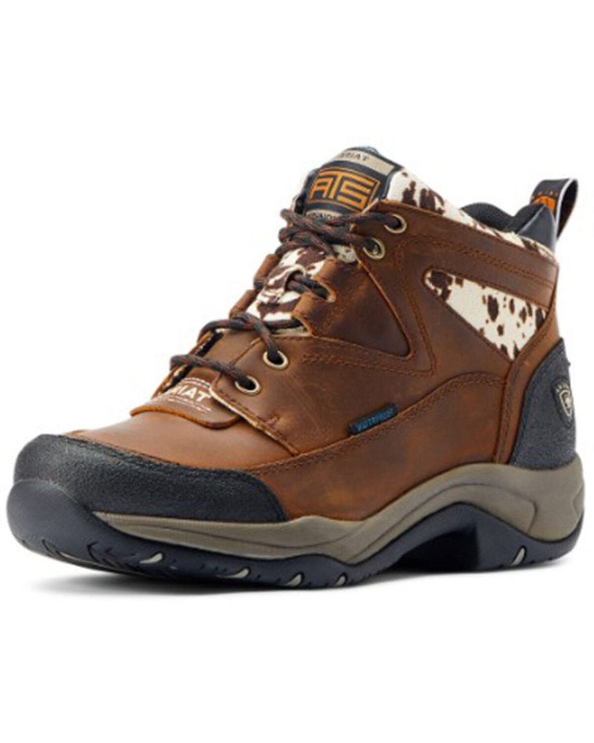 Ariat Women's Cow Print Terrain Waterproof Boots - Soft Toe, Brown, hi-res
