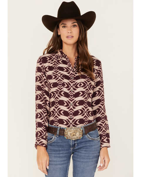 Ariat Women's R.E.A.L. Billie Jean Southwestern Jacquard Print Long Sleeve Button-Down Shirt, Purple, hi-res