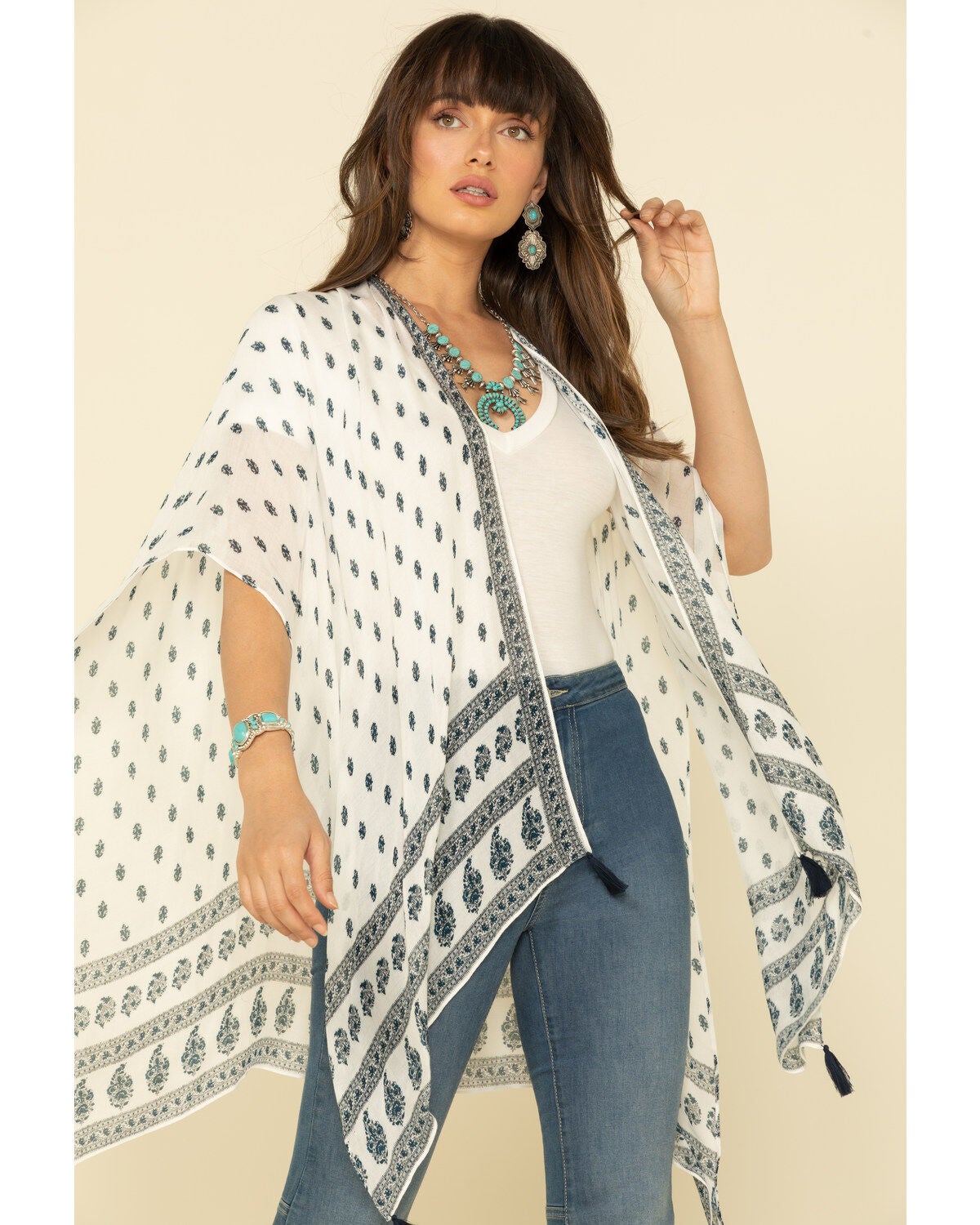 Image #1 - Shyanne Women's Paisley Print Border Shawl, White, hi-res