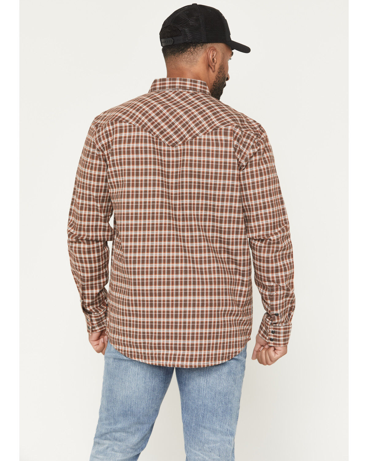 Image #4 - Cody James Men's FR Hondo Plaid Print Long Sleeve Snap Stretch Work Shirt, Dark Brown, hi-res