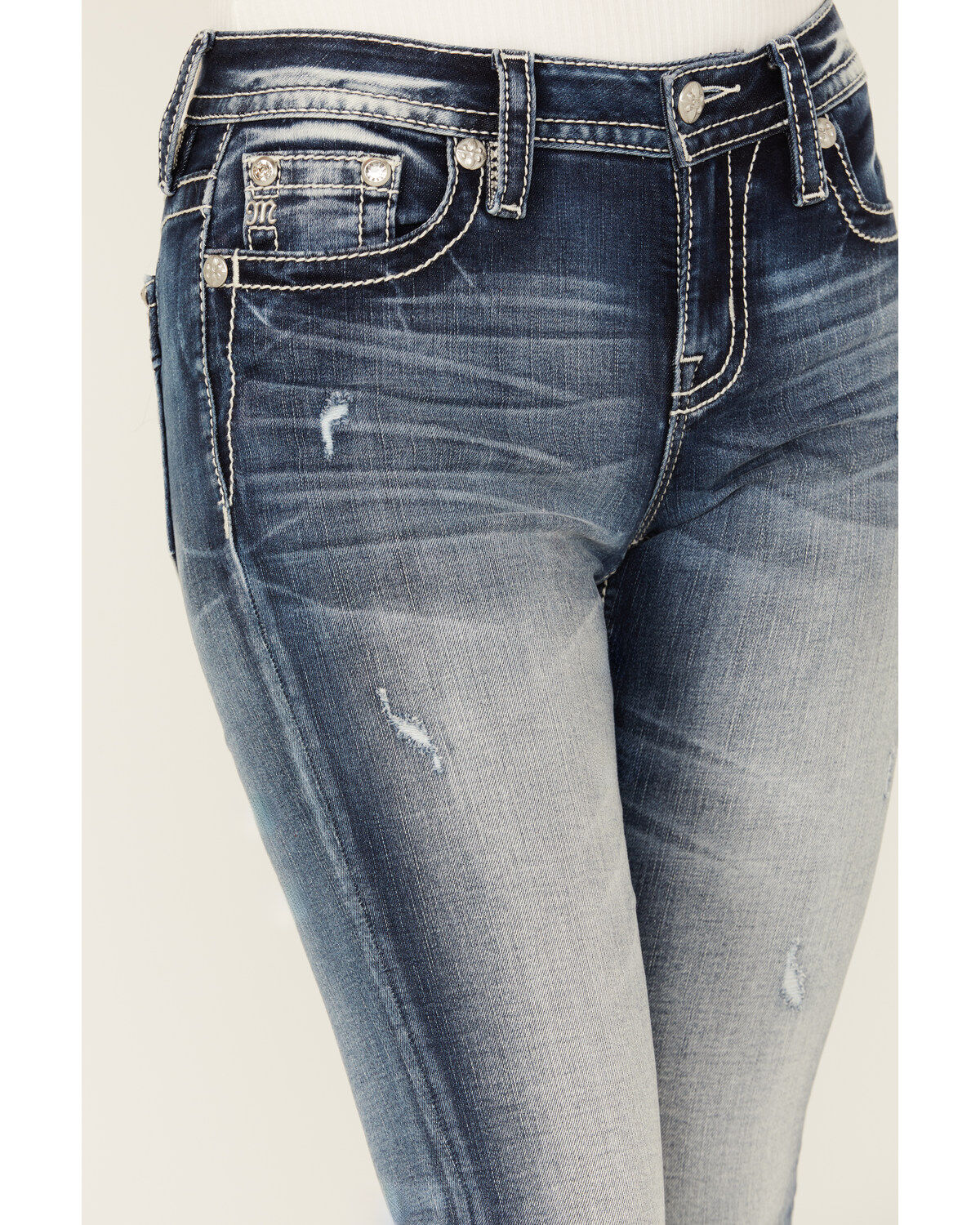 Image #4 - Miss Me Women's Medium Wash Geometric Braid Mid Rise 34" Bootcut Stretch Denim Jeans, Medium Wash, hi-res