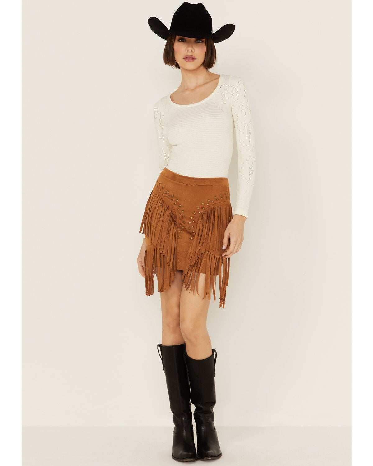 Vocal Women's Studded Fringe Skirt, Camel, hi-res