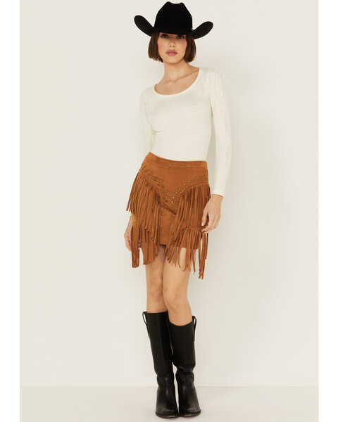 Vocal Women's Studded Fringe Skirt , Camel, hi-res