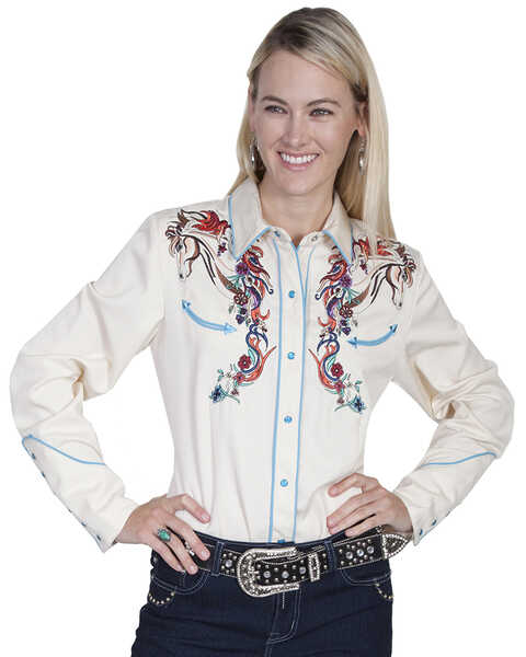 Scully Women's Colorful Horse Embroidered Long Sleeve Pearl Snap Shirt, Cream, hi-res
