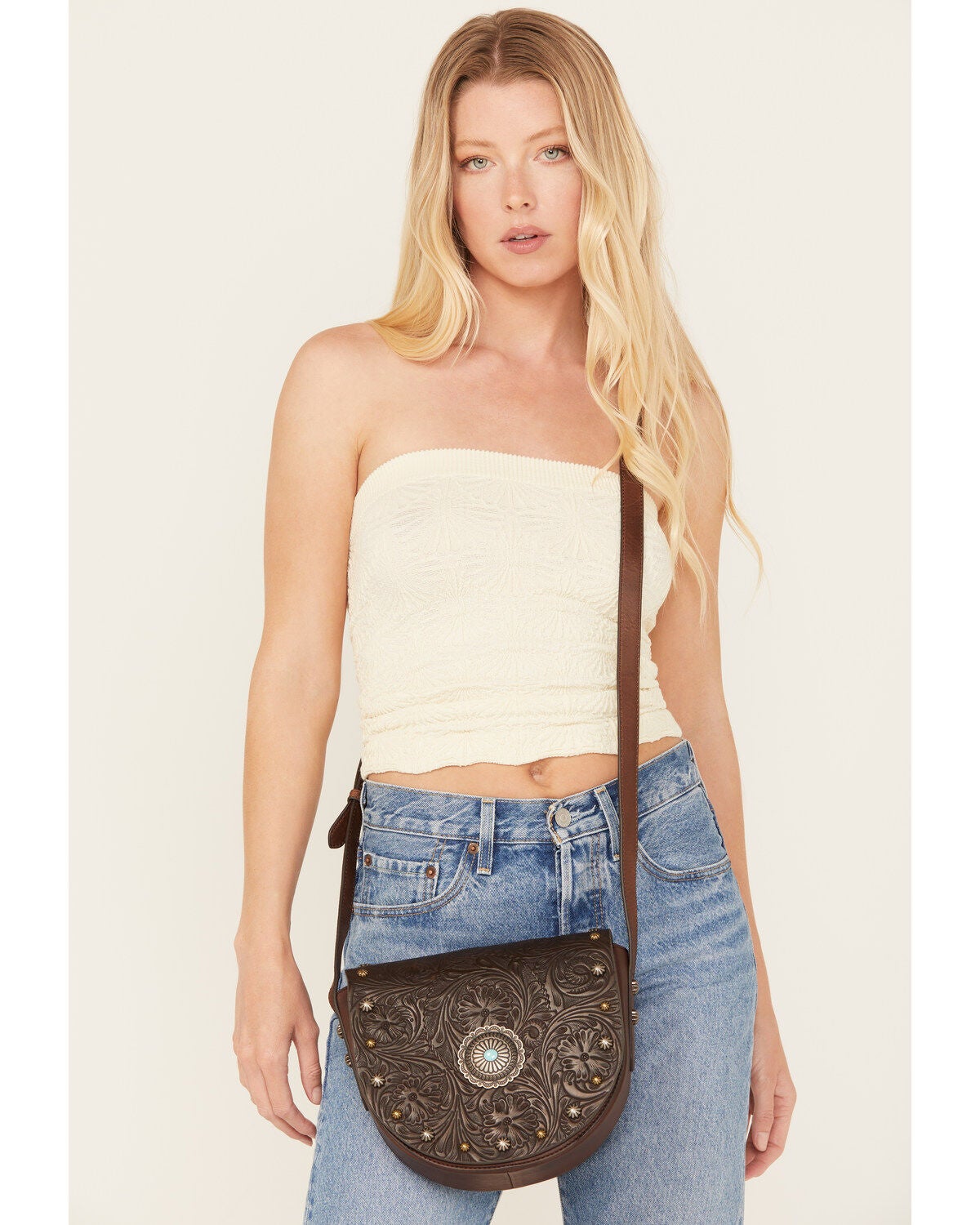 Shyanne Women's Tooled Crossbody Bag, Brown, hi-res