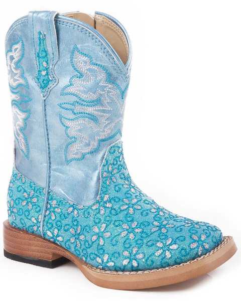 Roper Infant's Floral Glitter Western Boots, Blue, hi-res