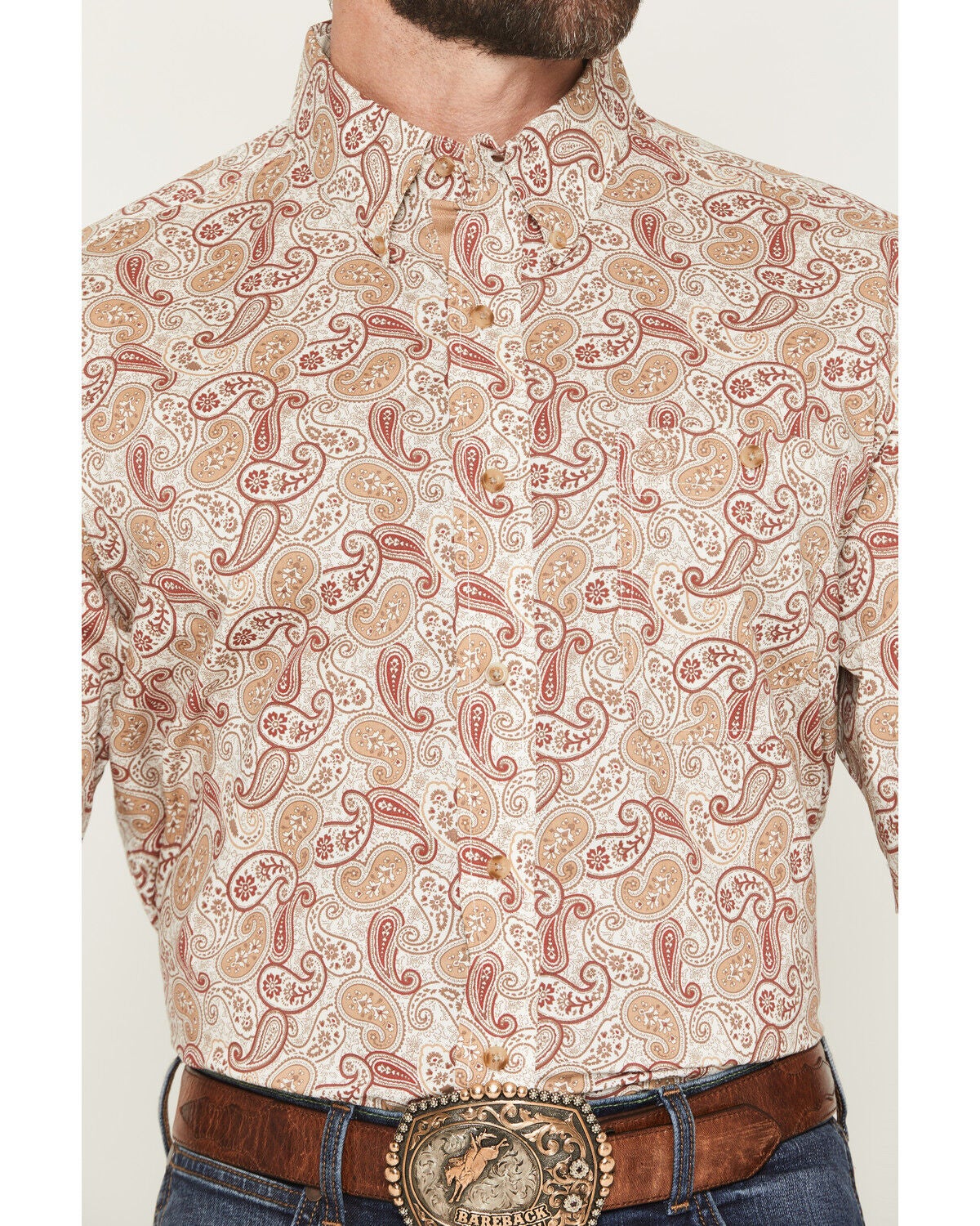 Image #3 - George Strait by Wrangler Men's Paisley Print Short Sleeve Button-Down Stretch Western Shirt - Big, Tan, hi-res