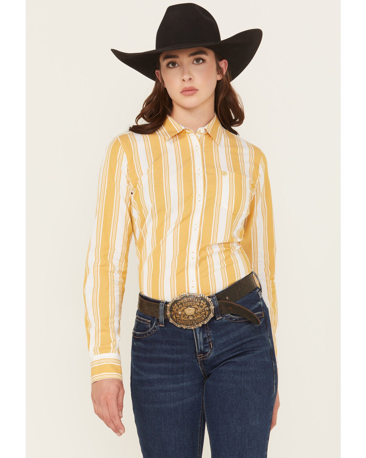 Ariat Women's Kirby Striped Print Long Sleeve Button-Down Stretch Western Shirt, Yellow, hi-res