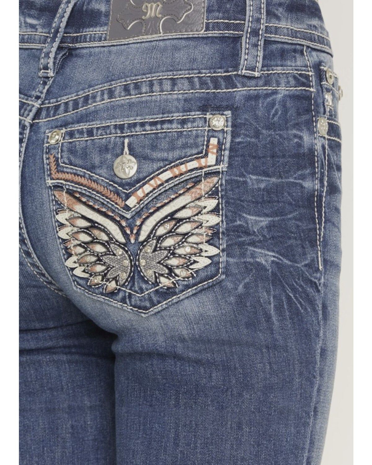 Image #2 - Miss Me Girls' Medium Wash Mid Rise Wing Pocket Bootcut Stretch Denim Jeans, Medium Wash, hi-res