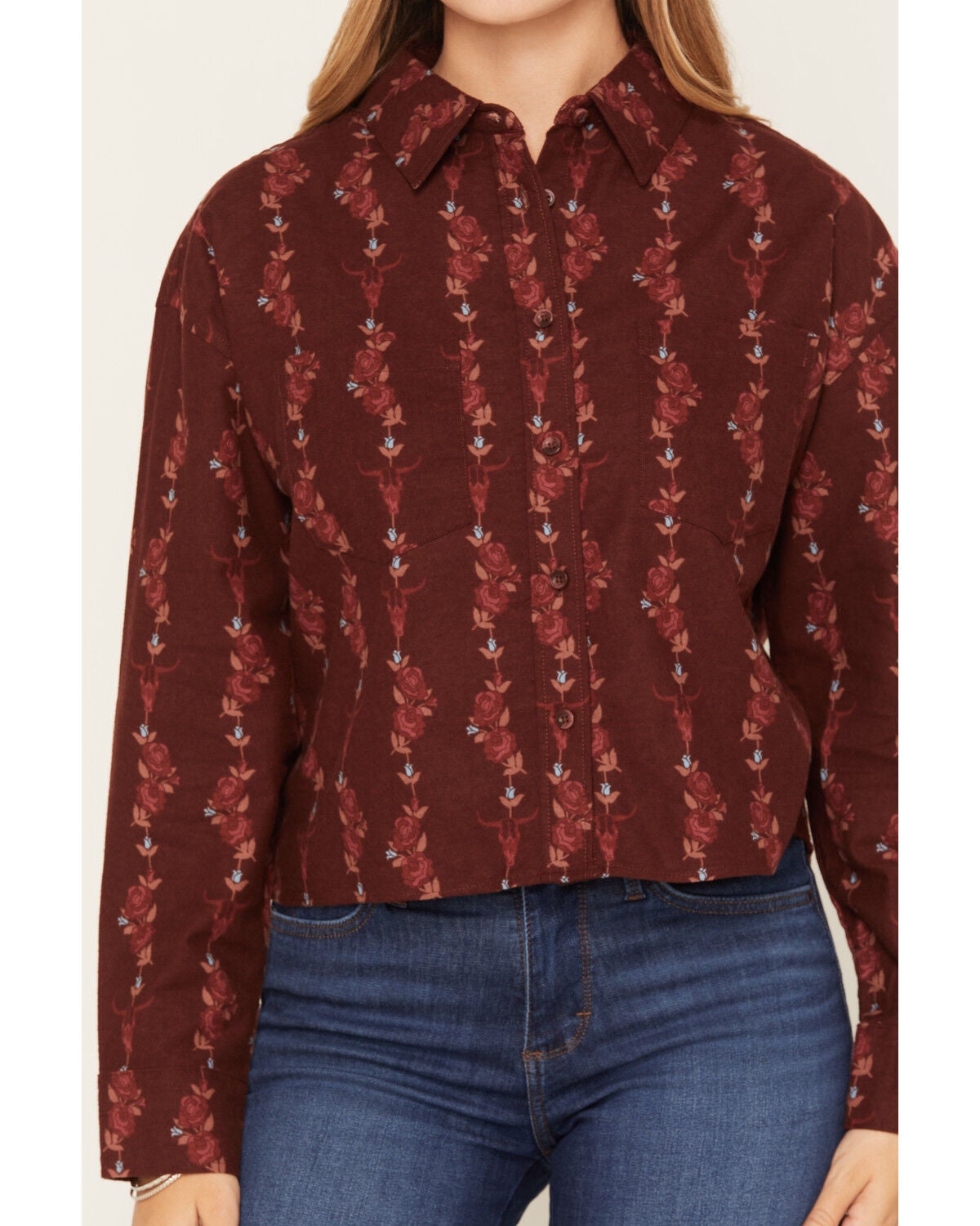 Image #3 - Ely Walker Women's Boot Barn Exclusive Floral Striped Long Sleeve Cropped Flannel Shirt, Burgundy, hi-res