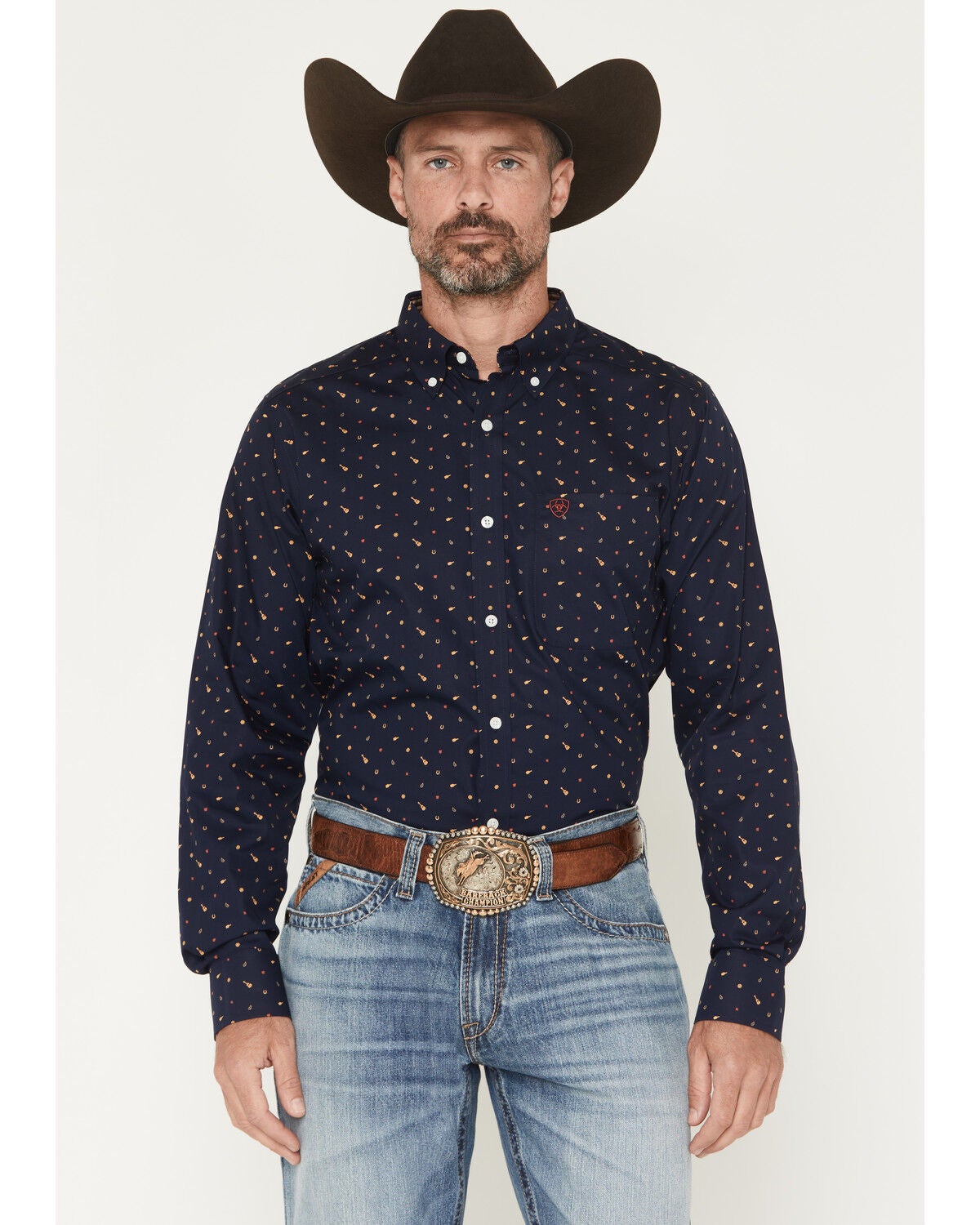 Ariat Men's Wrinkle Free Beaux Music Print Long Sleeve Button-Down Western Shirt, Navy, hi-res