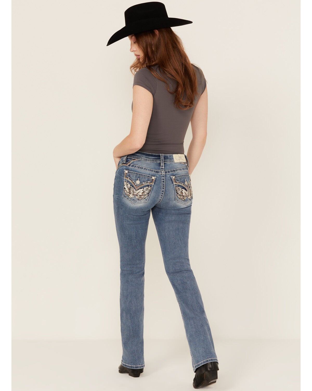 Miss Me Women's Medium Wash Wing Embroidered 30" Bootcut Stretch Jeans, Medium Wash, hi-res