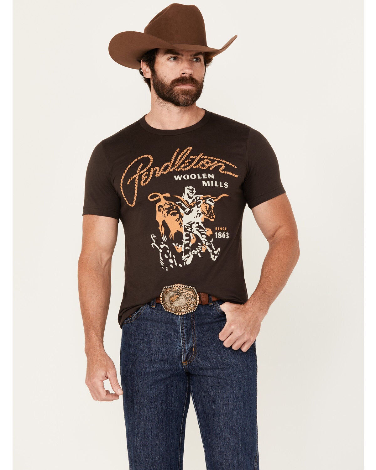 Pendleton Men's Boot Barn Exclusive Steer Rodeo Short Sleeve Graphic T-Shirt, Brown, hi-res