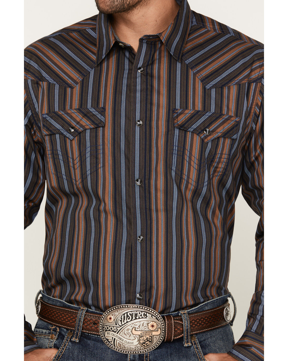 Image #3 - Cody James Men's Finals Day Striped Long Sleeve Western Snap Shirt, Navy, hi-res