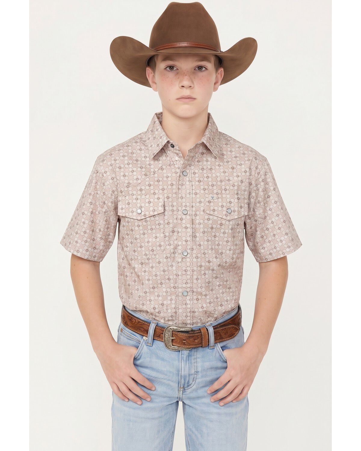 Image #1 - Ferrell Boys' Callen TEK Geo Print Short Sleeve Pearl Snap Stretch Western Shirt, Brown, hi-res