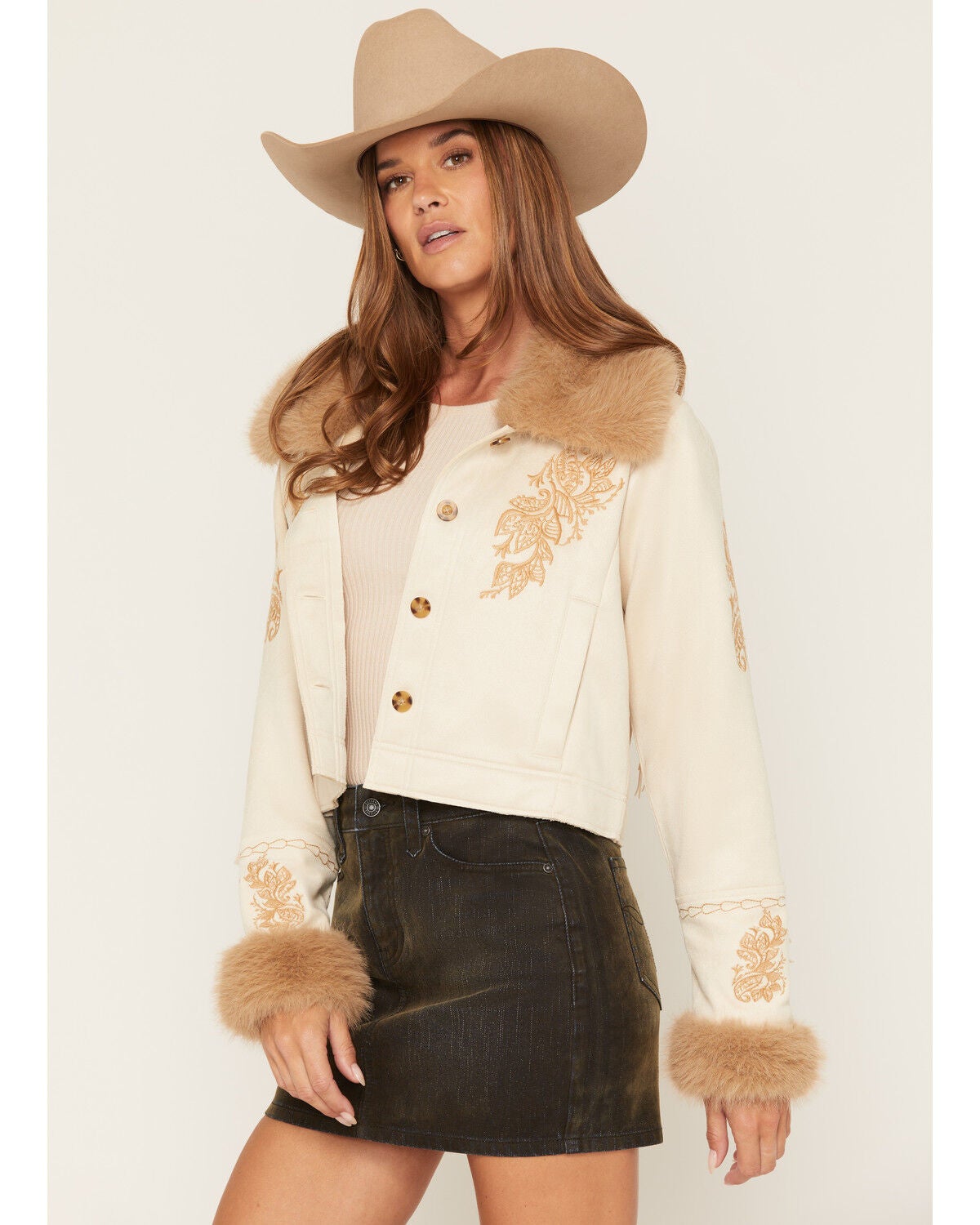 Shyanne Women's Merritt Embroidered Faux Suede Jacket, Beige, hi-res