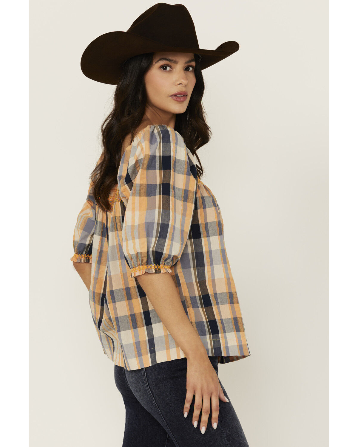 Image #2 - Cleo + Wolf Women's Bowie Plaid Print Short Sleeve Shirt, Light Orange, hi-res