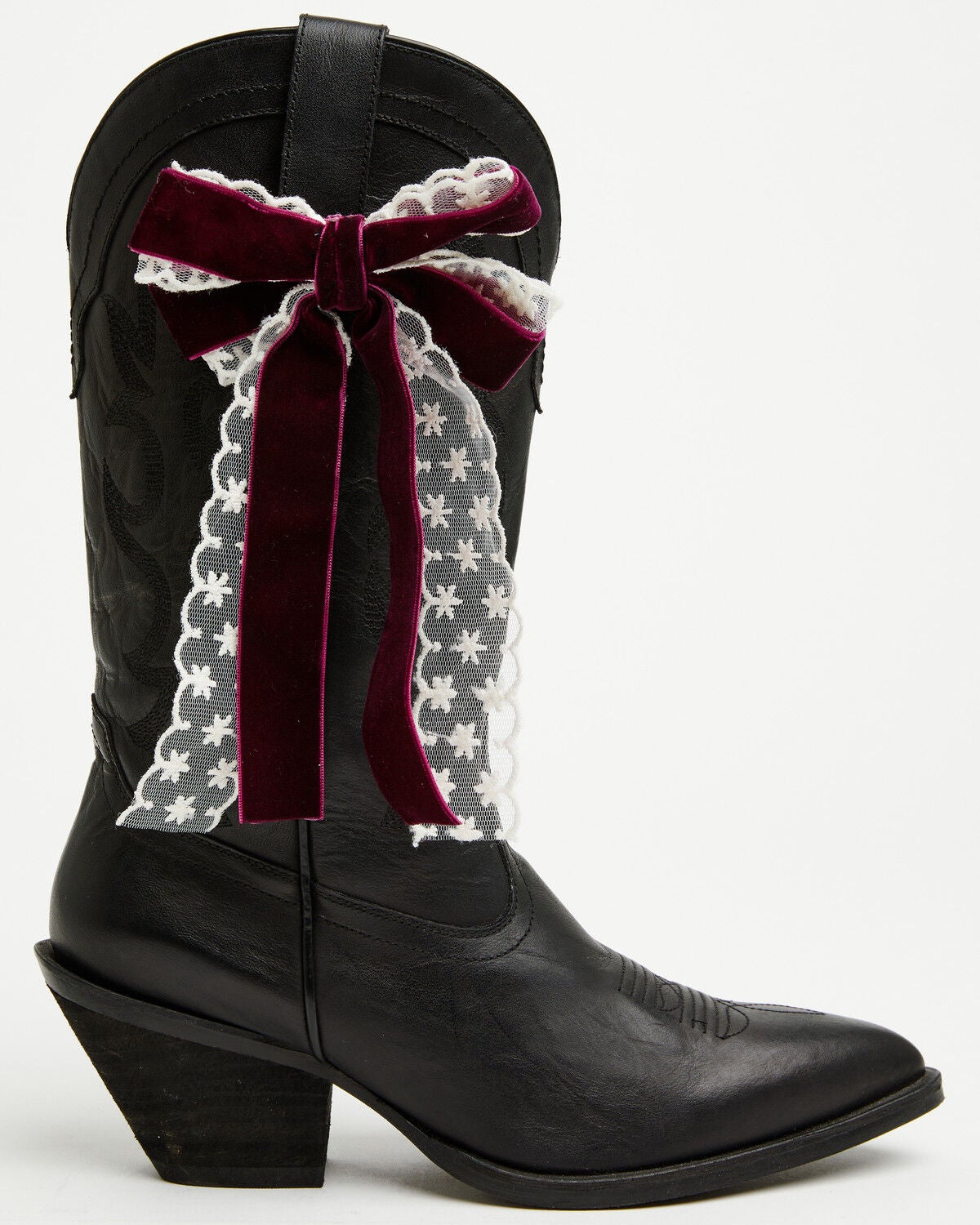 Shyanne Women's Velvet Lace Boot Bow, Burgundy, hi-res