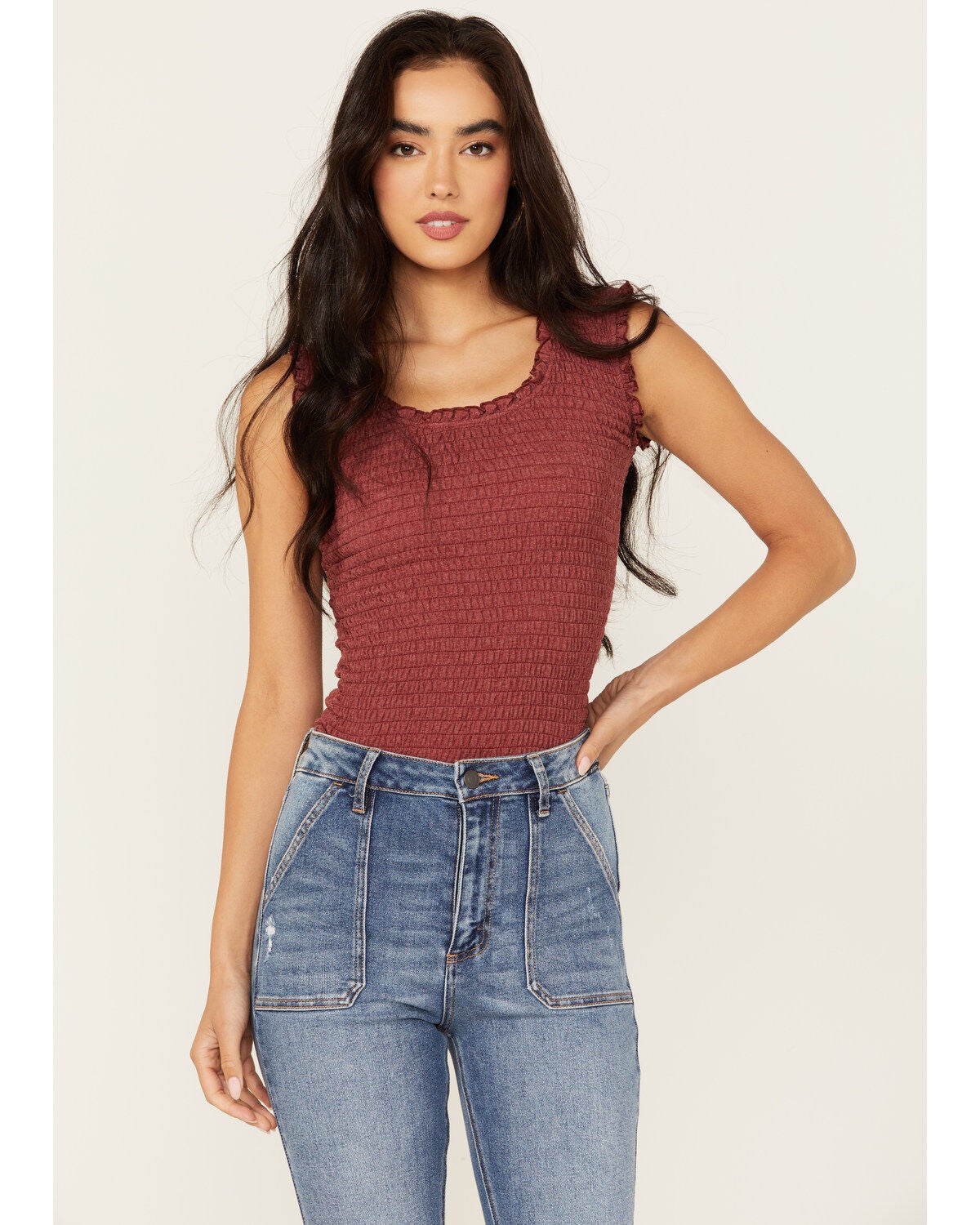 Shyanne Women's Smocked Ribbed Tank, Dark Red, hi-res