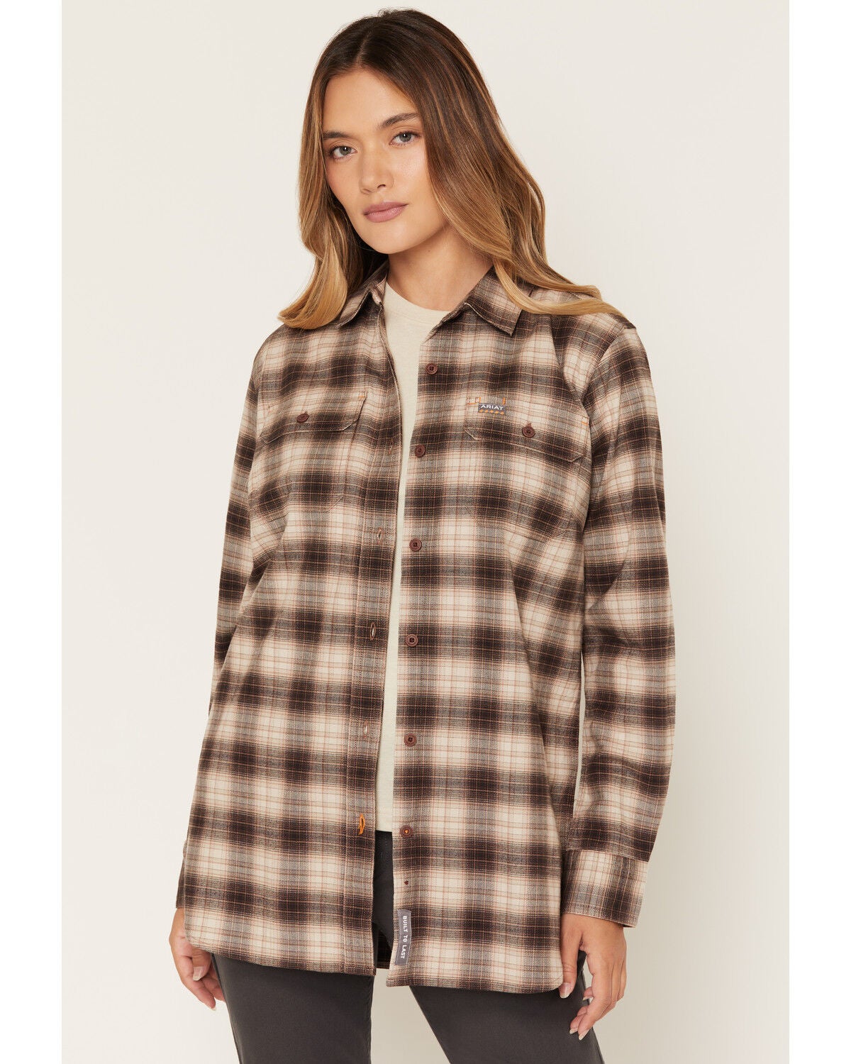 Image #1 - Ariat Women's Durastretch Plaid Print Long Sleeve Button-Down Flannel Work Shirt, Grey, hi-res