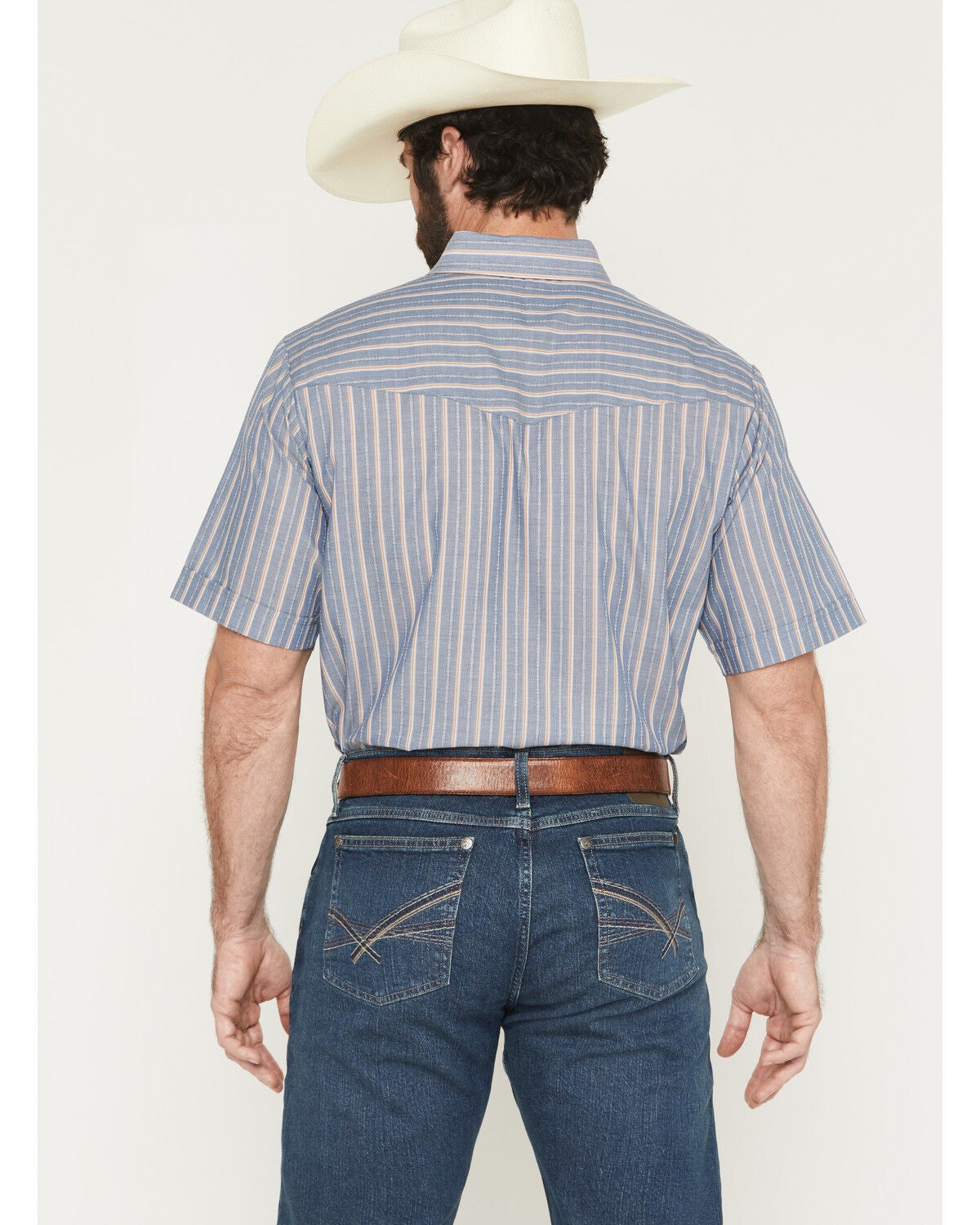 Image #4 - Ely Walker Men's Barbed Wire Striped Short Sleeve Pearl Snap Western Shirt, Blue, hi-res