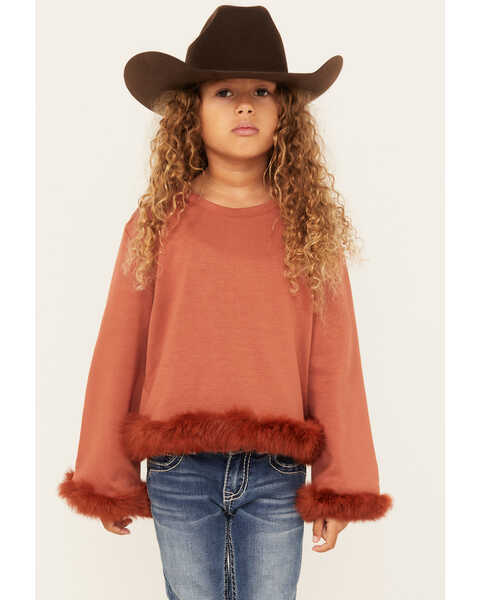 Hayden LA Girls' Fur Trimmed Sweater , Rust Copper, hi-res